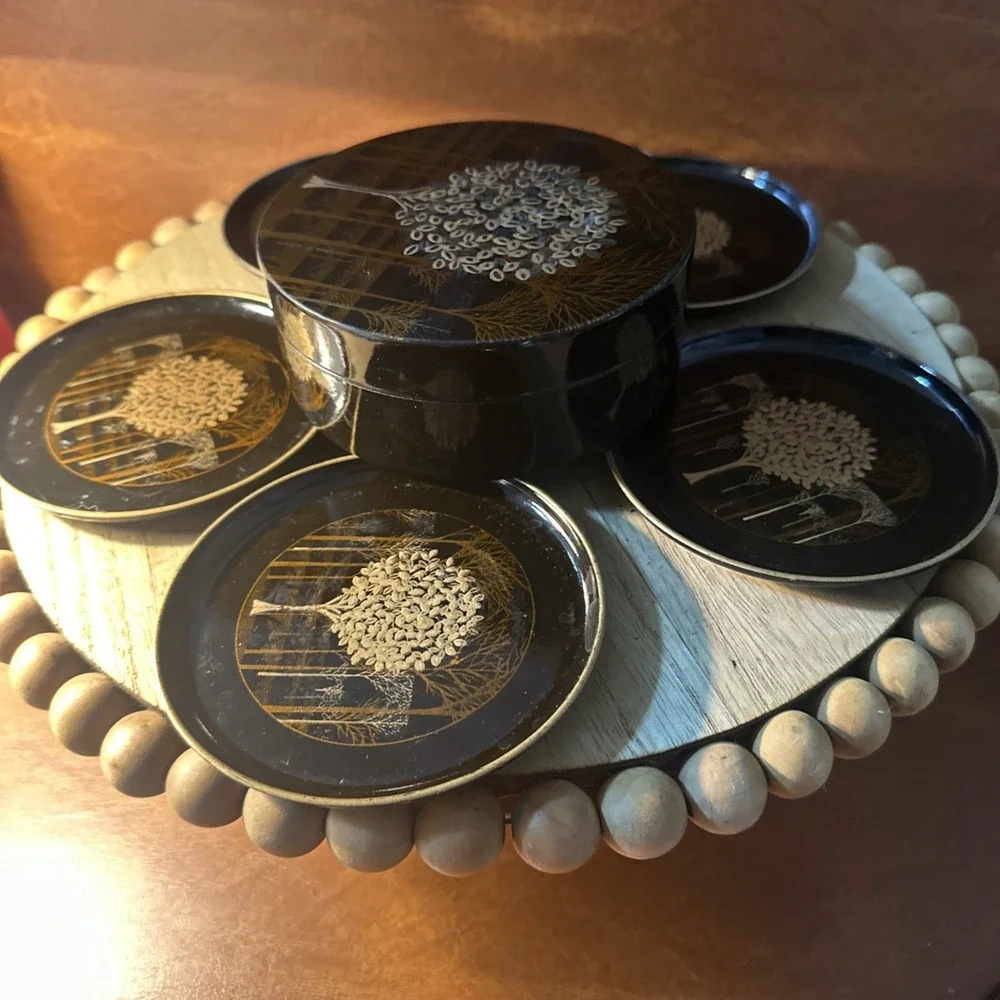 Set 5 of Otagiri Japan Black Lacquer Metallic Gold Tree Trays and Trinket Box
